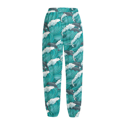 Dolphin Riding Waves Pattern Print Fleece Lined Knit Pants