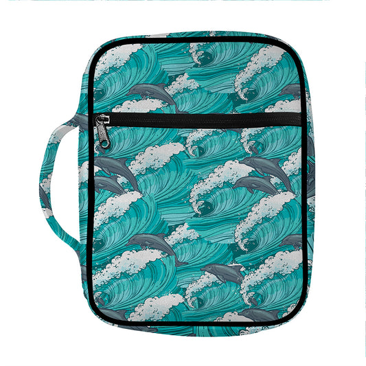 Dolphin Riding Waves Pattern Print Front Pocket Bible Bag