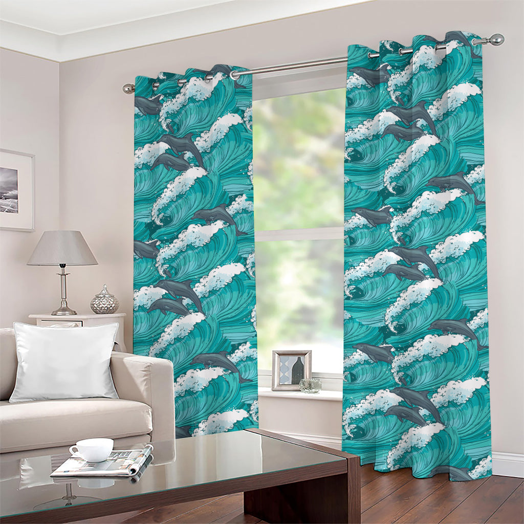 Dolphin Riding Waves Pattern Print Grommet Curtains