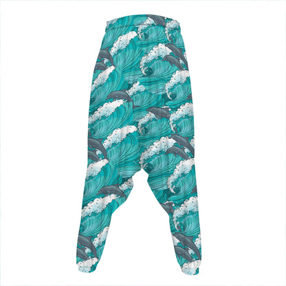 Dolphin Riding Waves Pattern Print Hammer Pants