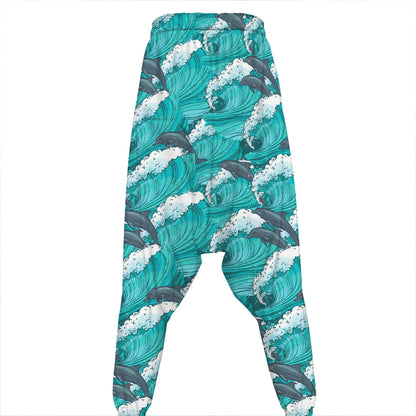 Dolphin Riding Waves Pattern Print Hammer Pants