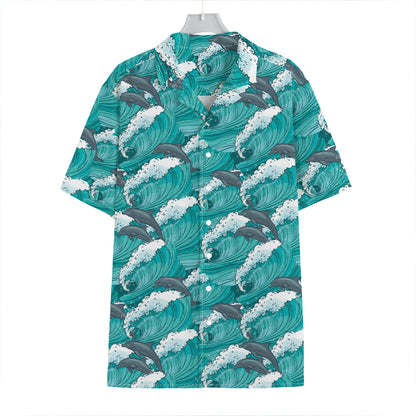 Dolphin Riding Waves Pattern Print Hawaiian Shirt