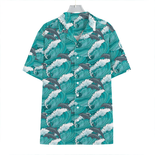Dolphin Riding Waves Pattern Print Hawaiian Shirt