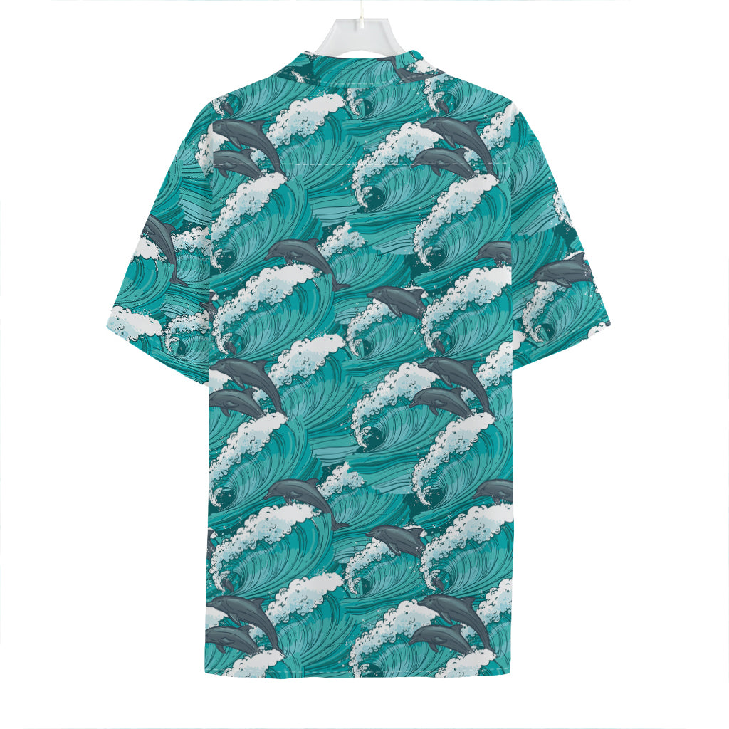 Dolphin Riding Waves Pattern Print Hawaiian Shirt