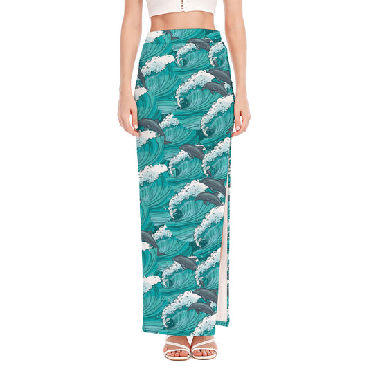 Dolphin Riding Waves Pattern Print High Slit Maxi Skirt