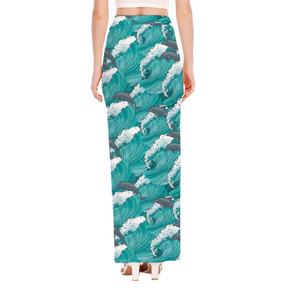 Dolphin Riding Waves Pattern Print High Slit Maxi Skirt