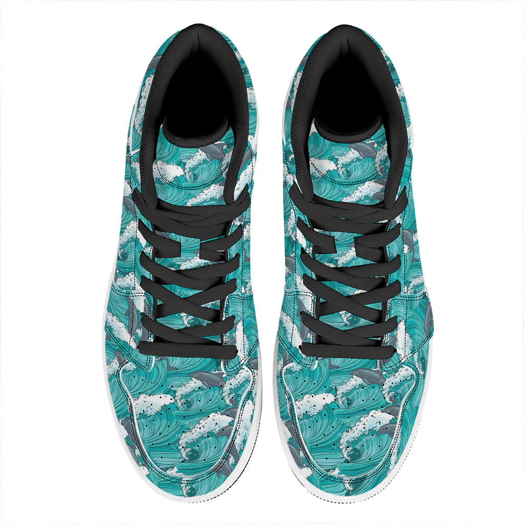Dolphin Riding Waves Pattern Print High Top Leather Sneakers