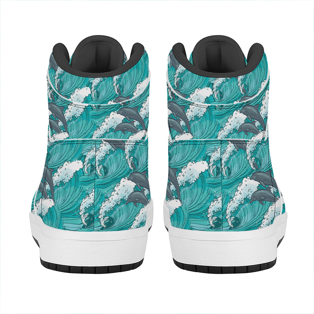 Dolphin Riding Waves Pattern Print High Top Leather Sneakers