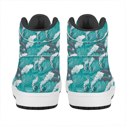 Dolphin Riding Waves Pattern Print High Top Leather Sneakers