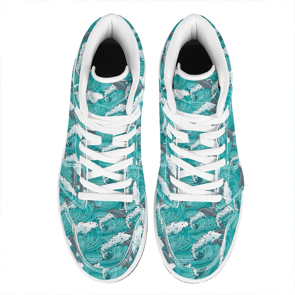 Dolphin Riding Waves Pattern Print High Top Leather Sneakers