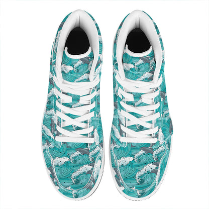 Dolphin Riding Waves Pattern Print High Top Leather Sneakers