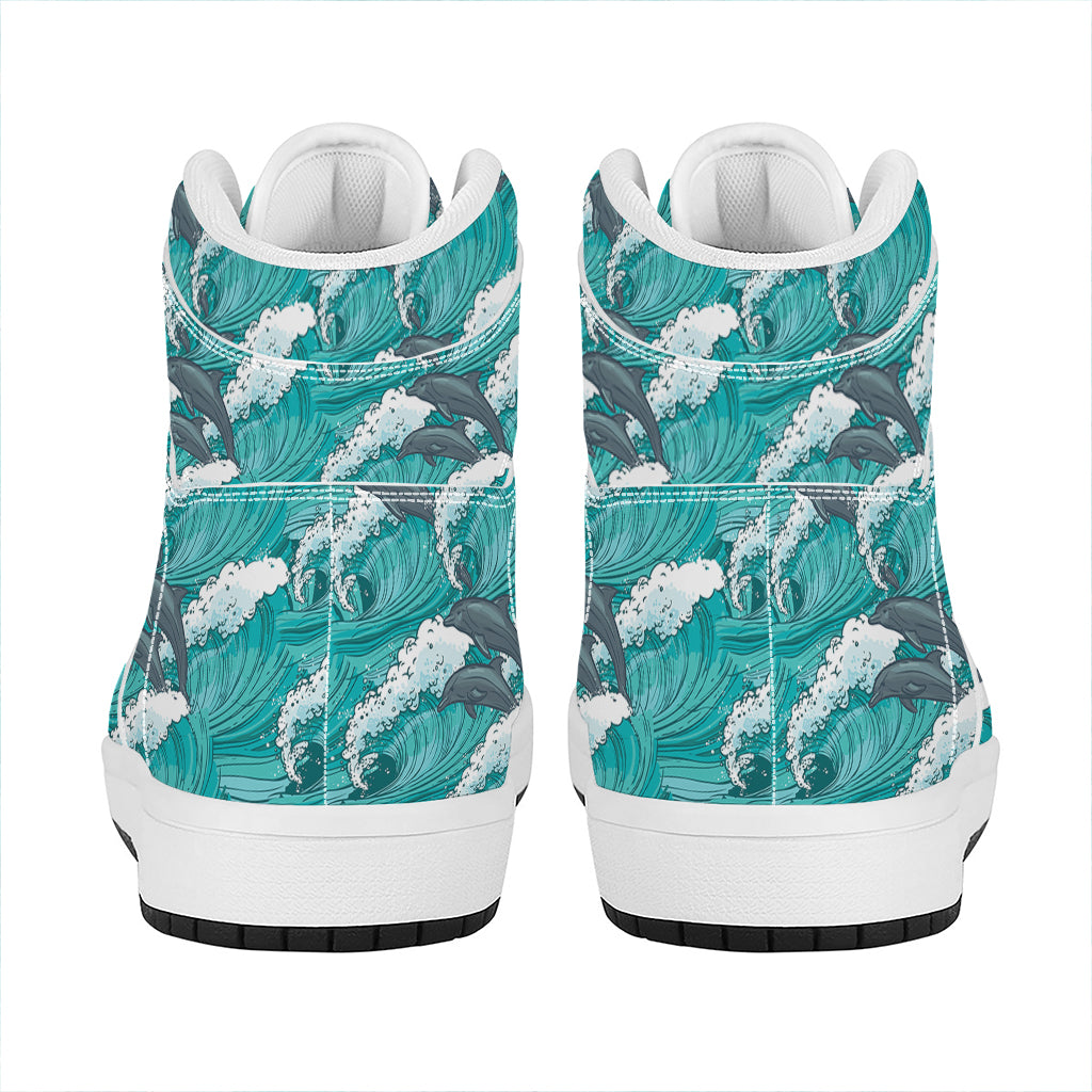 Dolphin Riding Waves Pattern Print High Top Leather Sneakers