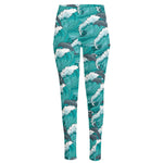 Dolphin Riding Waves Pattern Print High-Waisted Pocket Leggings