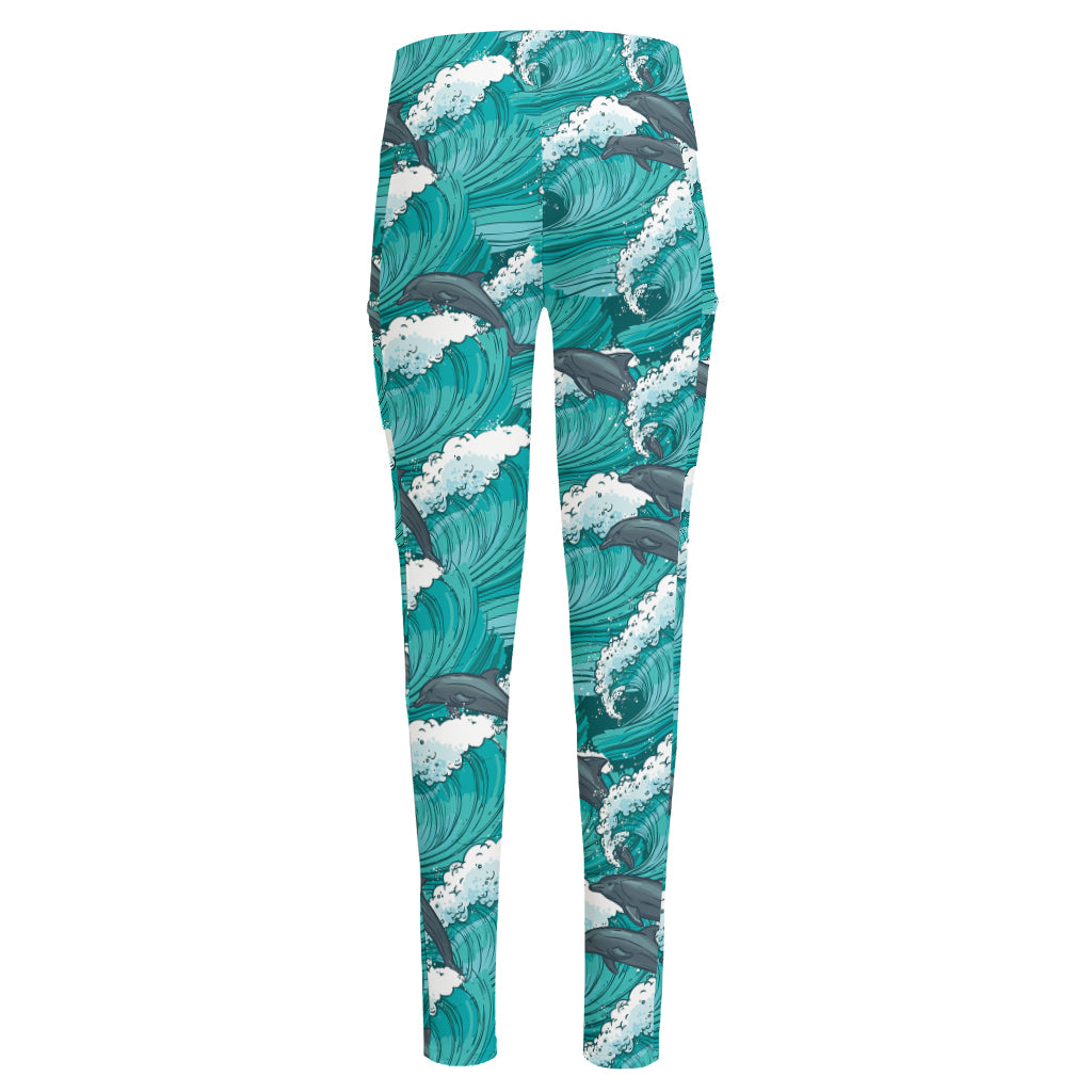 Dolphin Riding Waves Pattern Print High-Waisted Pocket Leggings