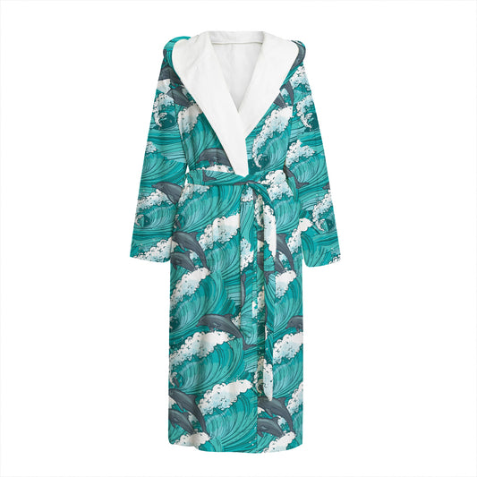 Dolphin Riding Waves Pattern Print Hooded Bathrobe
