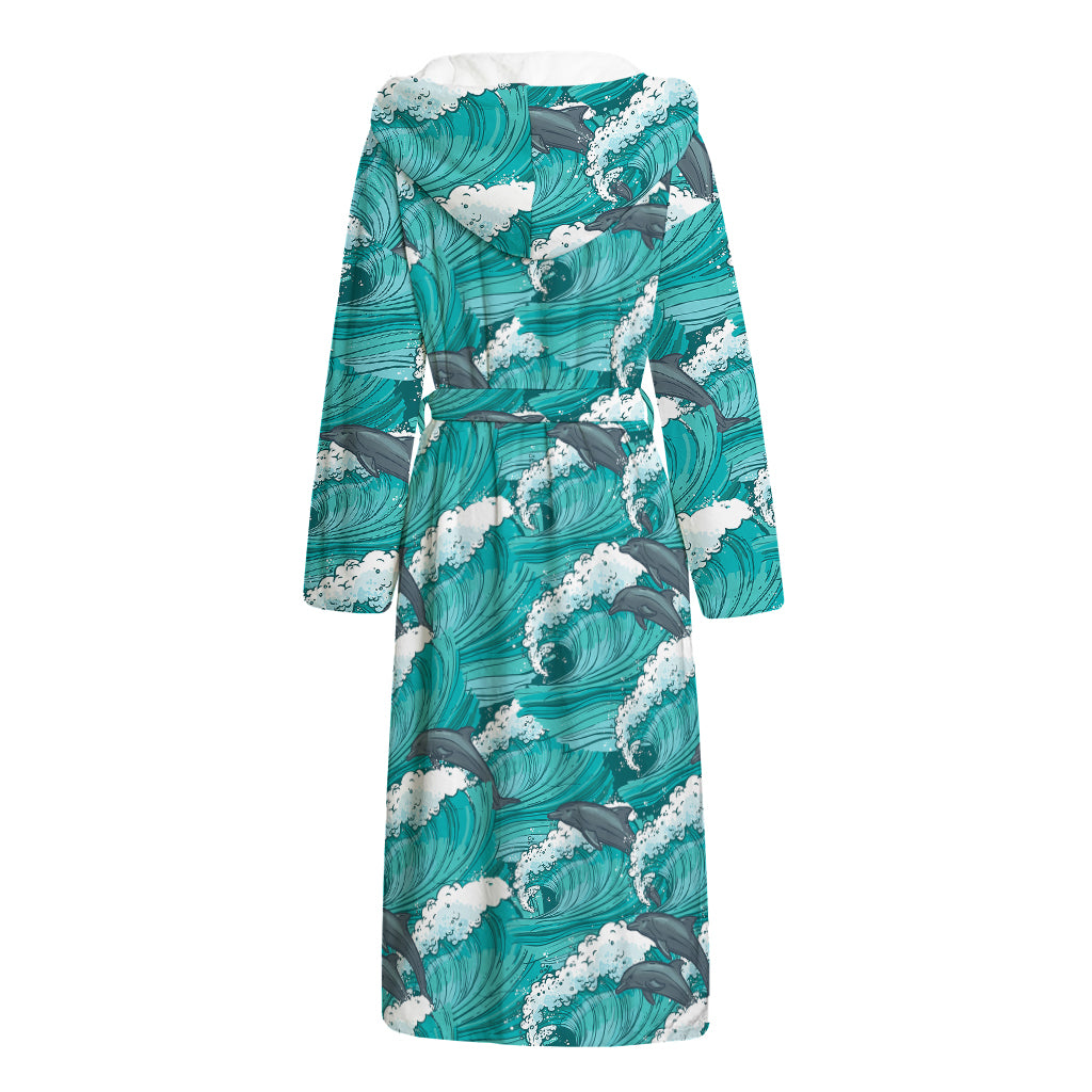Dolphin Riding Waves Pattern Print Hooded Bathrobe
