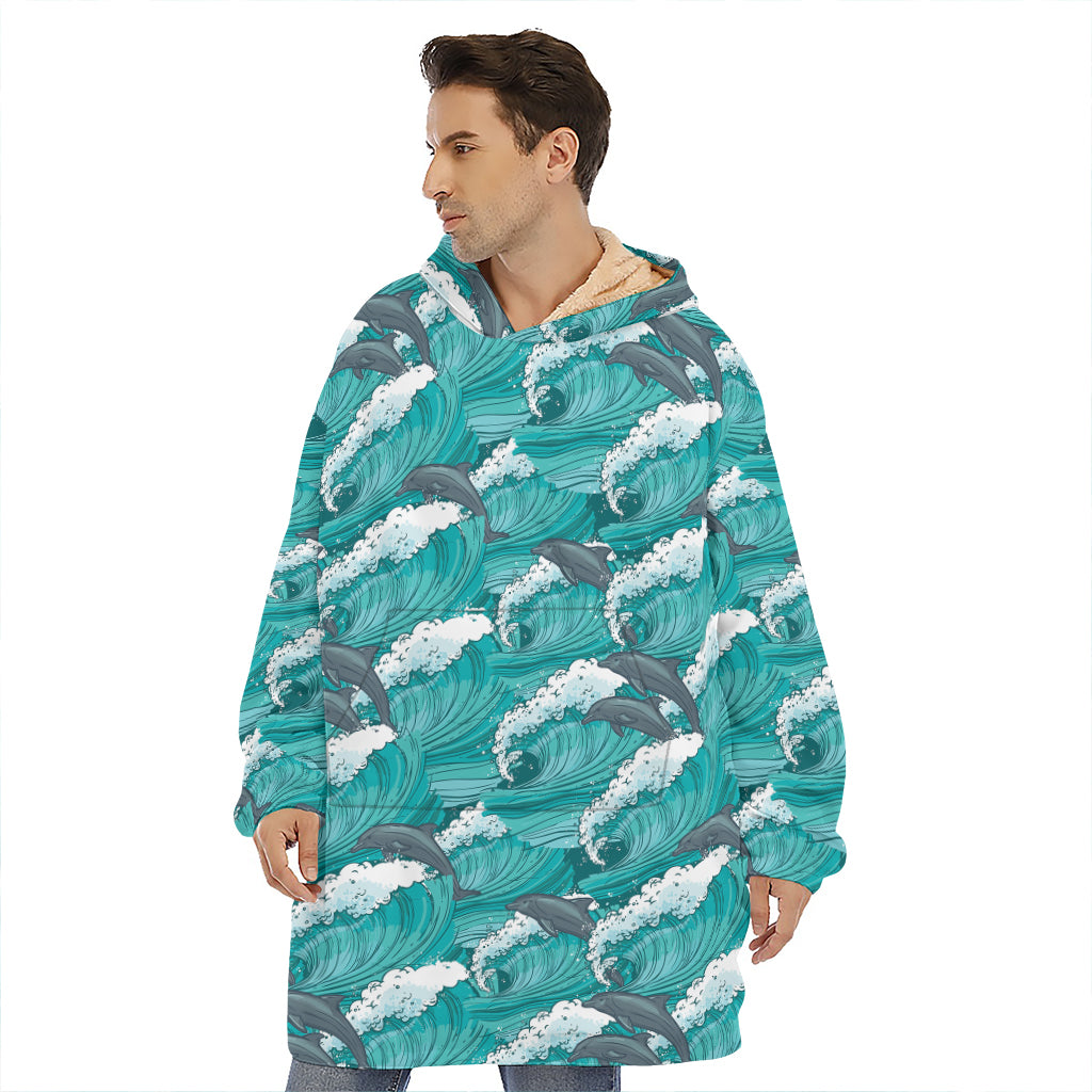 Dolphin Riding Waves Pattern Print Hoodie Blanket