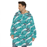 Dolphin Riding Waves Pattern Print Hoodie Blanket