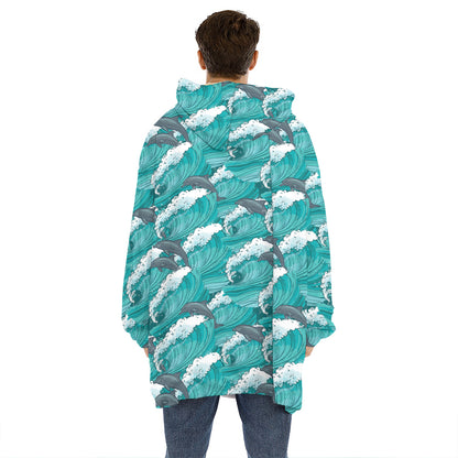 Dolphin Riding Waves Pattern Print Hoodie Blanket