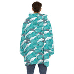 Dolphin Riding Waves Pattern Print Hoodie Blanket