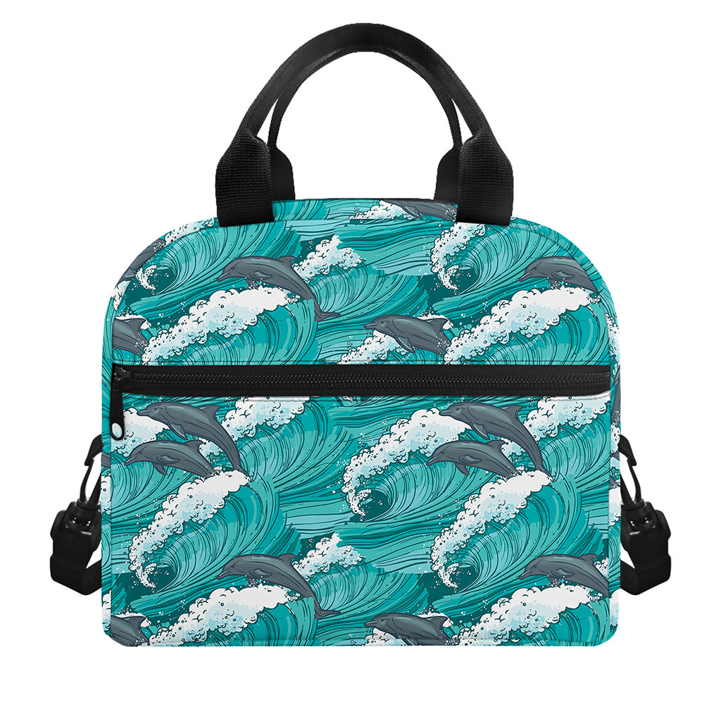 Dolphin Riding Waves Pattern Print Insulated Lunch Bag