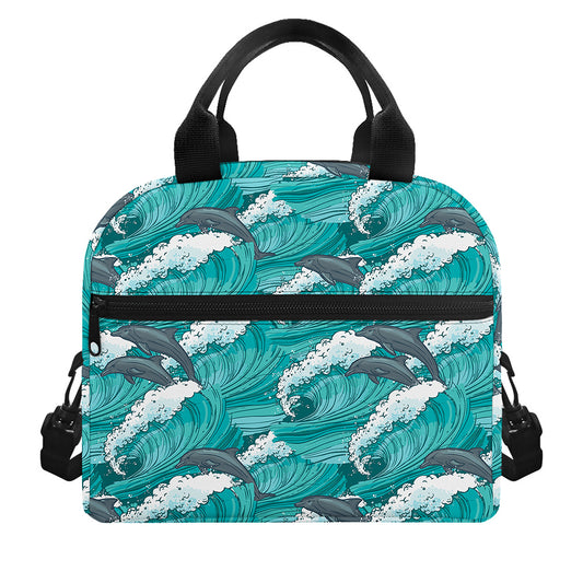 Dolphin Riding Waves Pattern Print Insulated Lunch Bag