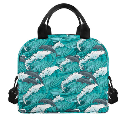 Dolphin Riding Waves Pattern Print Insulated Lunch Bag