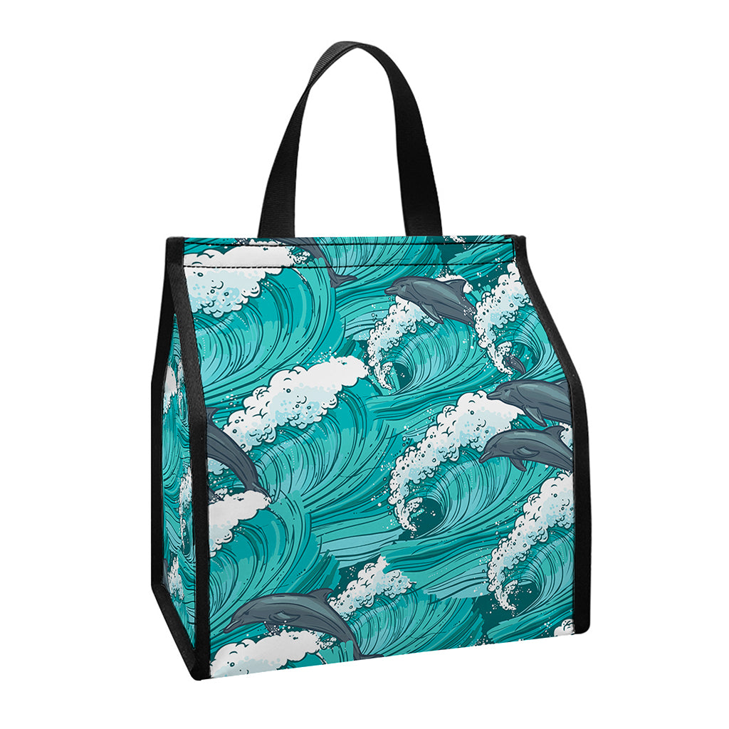 Dolphin Riding Waves Pattern Print Insulated Lunch Tote