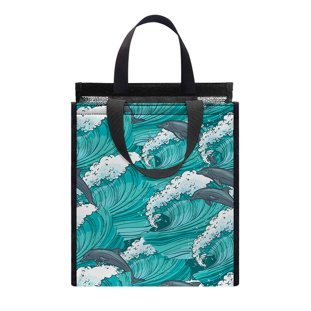 Dolphin Riding Waves Pattern Print Insulated Lunch Tote