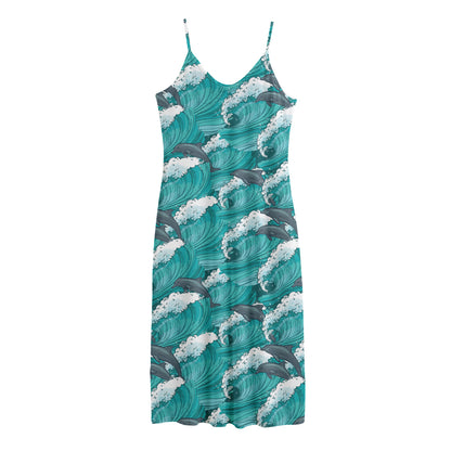 Dolphin Riding Waves Pattern Print Jersey Midi Cami Dress