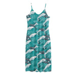 Dolphin Riding Waves Pattern Print Jersey Midi Cami Dress