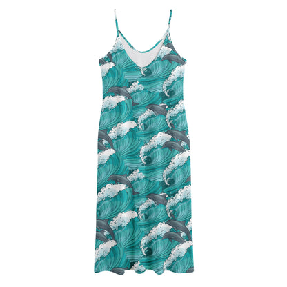 Dolphin Riding Waves Pattern Print Jersey Midi Cami Dress