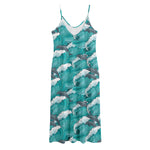 Dolphin Riding Waves Pattern Print Jersey Midi Cami Dress