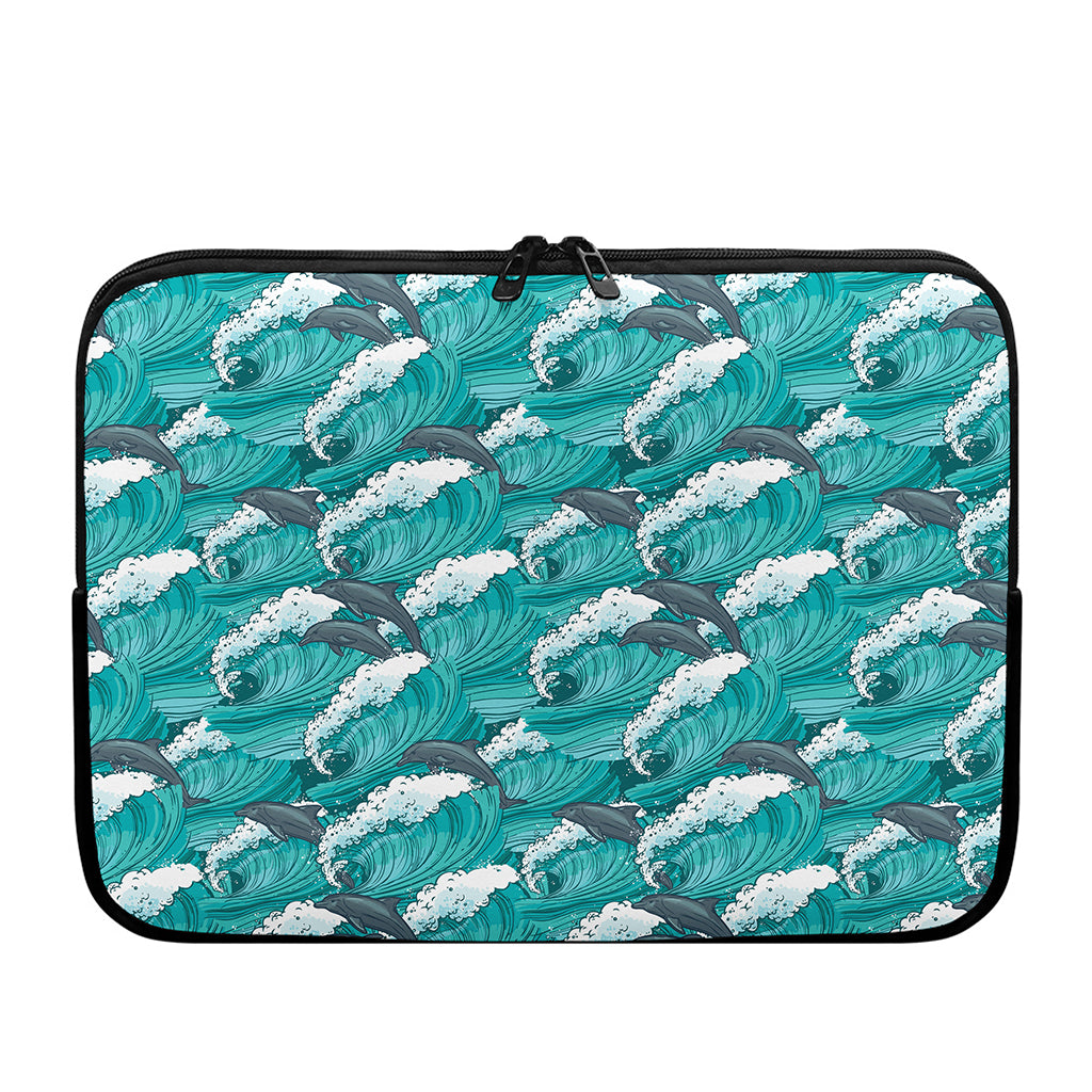 Dolphin Riding Waves Pattern Print Laptop Sleeve