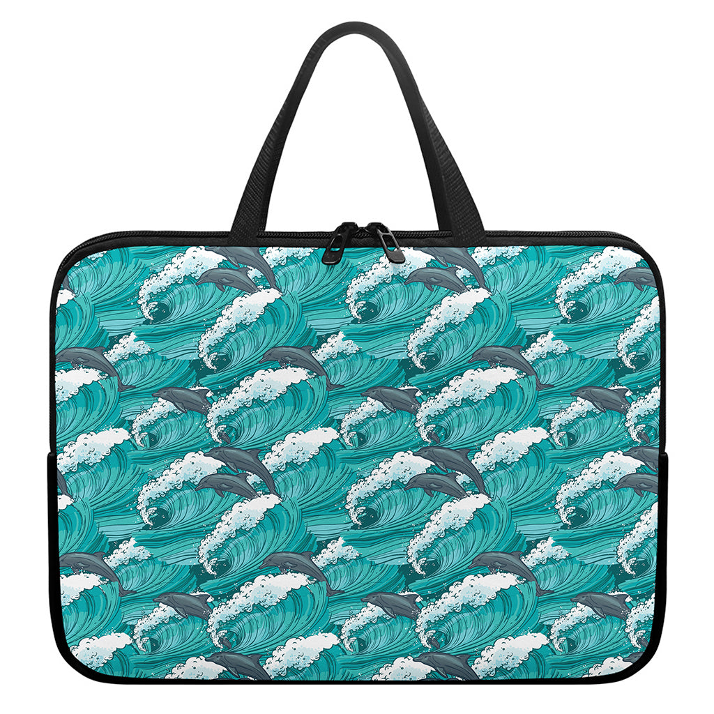 Dolphin Riding Waves Pattern Print Laptop Sleeve With Handle
