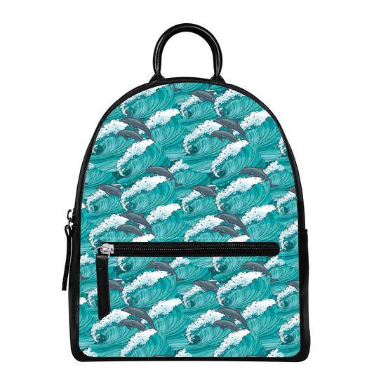 Dolphin Riding Waves Pattern Print Leather Backpack