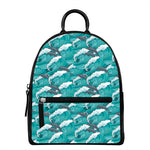 Dolphin Riding Waves Pattern Print Leather Backpack