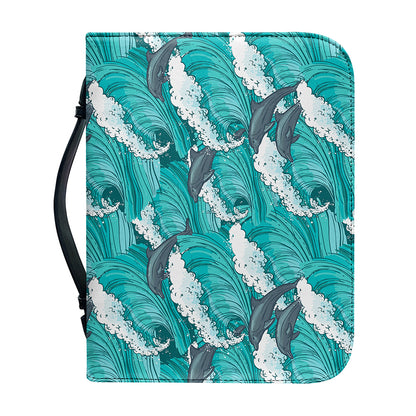 Dolphin Riding Waves Pattern Print Leather Bible Cover