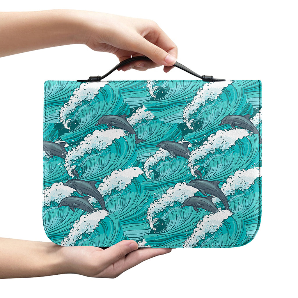 Dolphin Riding Waves Pattern Print Leather Bible Cover