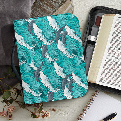Dolphin Riding Waves Pattern Print Leather Bible Cover