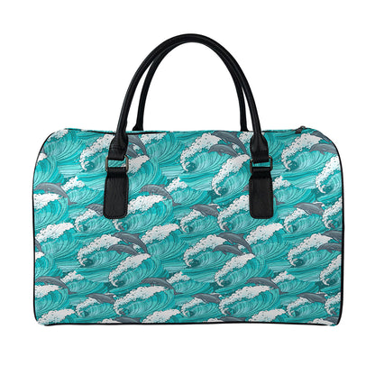 Dolphin Riding Waves Pattern Print Leather Duffle Bag