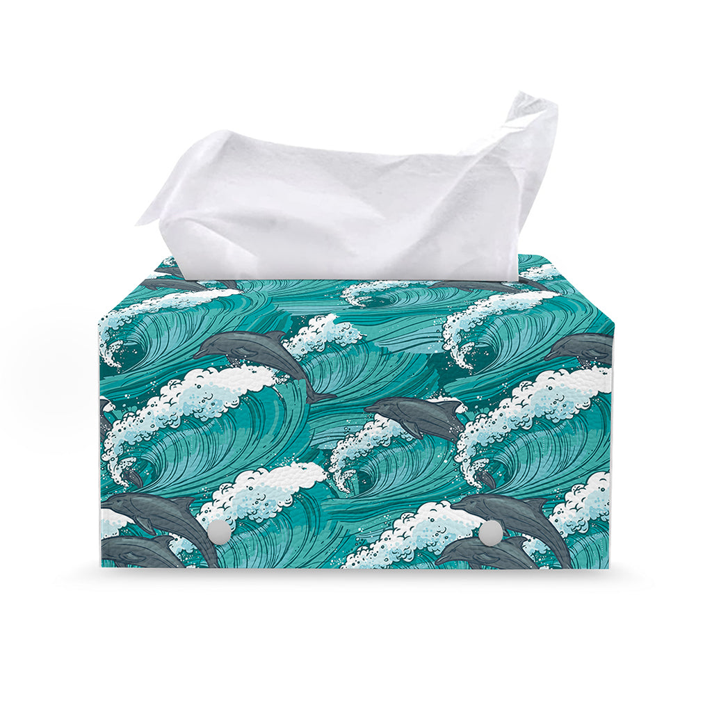 Dolphin Riding Waves Pattern Print Leather Tissue Box Cover