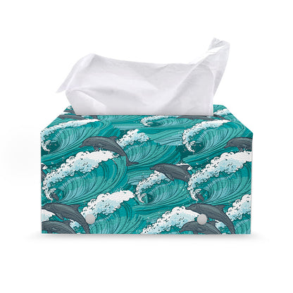 Dolphin Riding Waves Pattern Print Leather Tissue Box Cover
