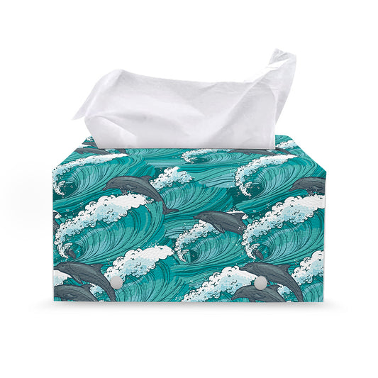 Dolphin Riding Waves Pattern Print Leather Tissue Box Cover