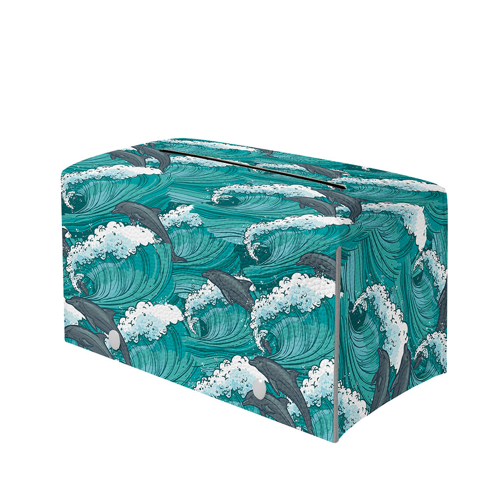 Dolphin Riding Waves Pattern Print Leather Tissue Box Cover