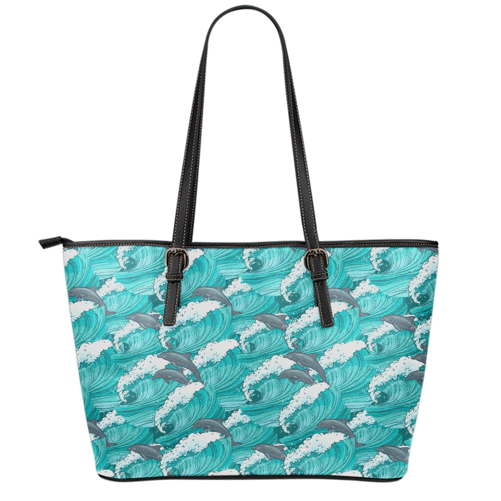 Dolphin Riding Waves Pattern Print Leather Tote Bag