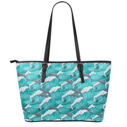 Dolphin Riding Waves Pattern Print Leather Tote Bag