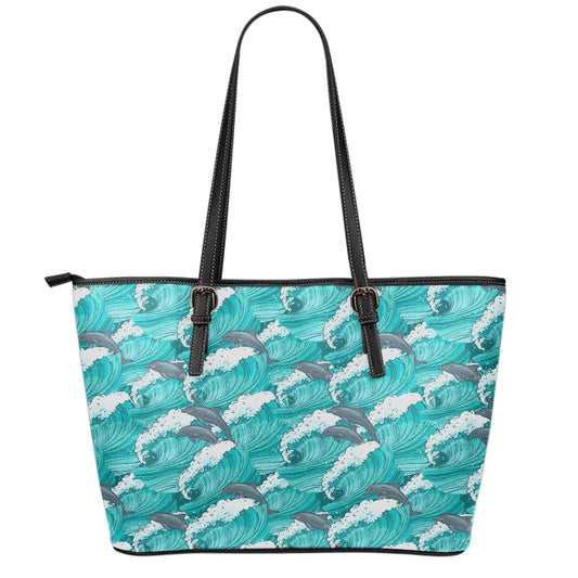 Dolphin Riding Waves Pattern Print Leather Tote Bag