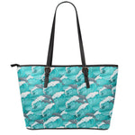 Dolphin Riding Waves Pattern Print Leather Tote Bag