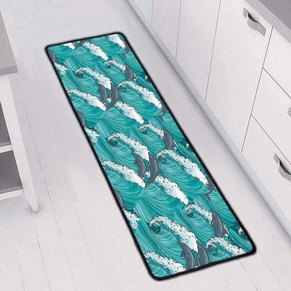 Dolphin Riding Waves Pattern Print Long Kitchen Mat